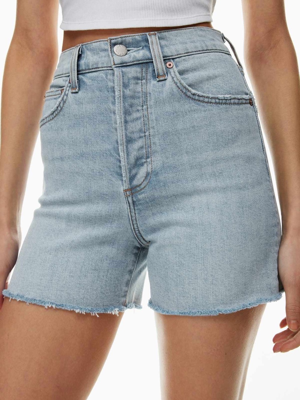 Denim Forum | The 50s Arlo High Rise Thigh Shorts Size 28 Light Wash Aritzia
